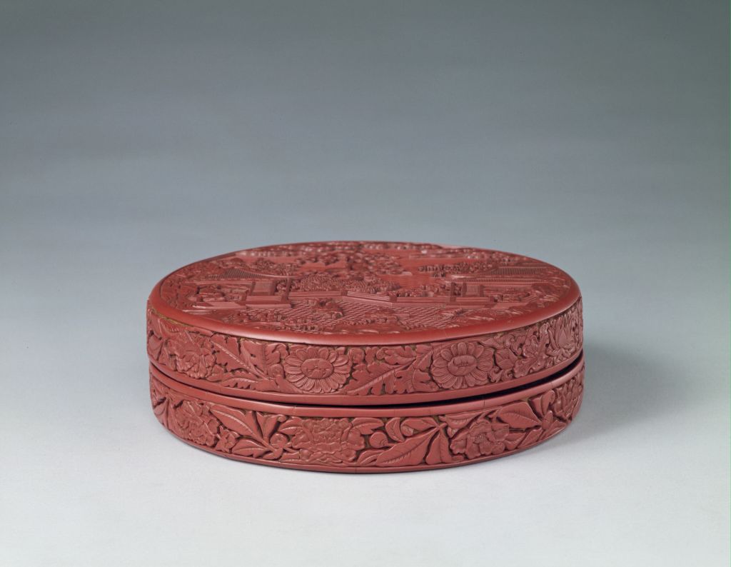 图片[1]-Carved red plums, wives and cranes round box-China Archive